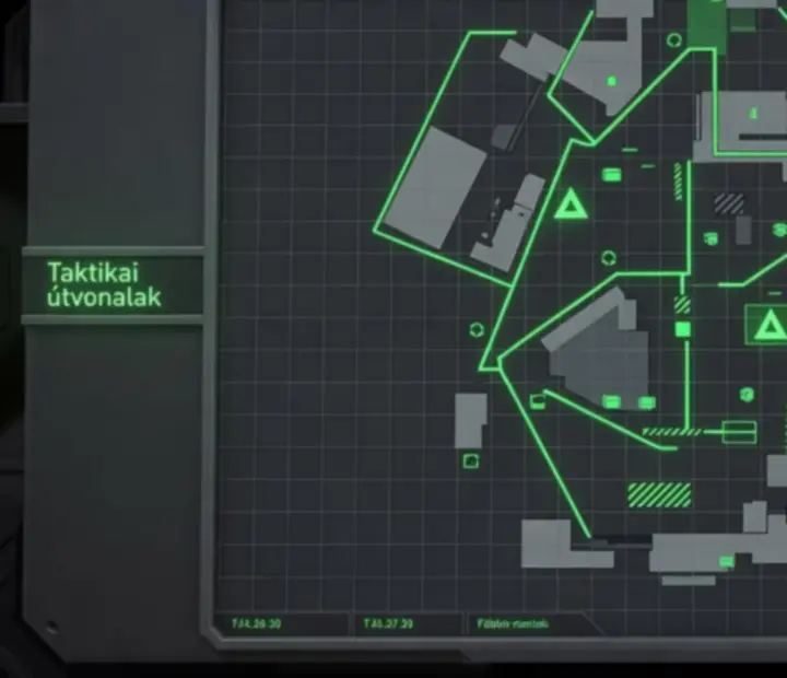 Taktikai Standoff 2 térképrács kulcsútvonalakkal és technikai jelölésekkel