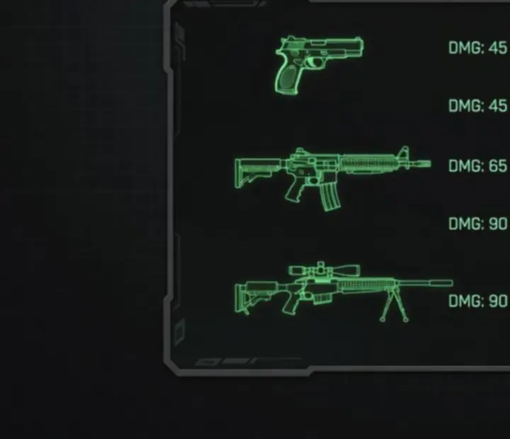 Fegyverválasztási képernyő taktikus FPS stílusban